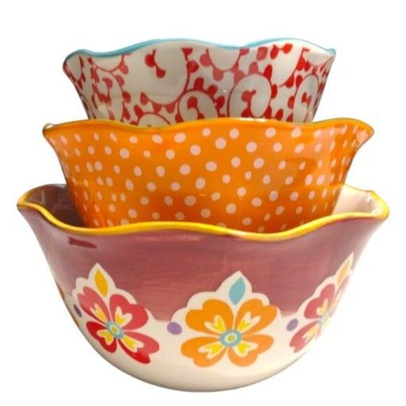 Pioneer Woman Mixing Bowls Set Of 3 Fall Floral Polk Dot Autumn Serving Nesting - Picture 1 of 15